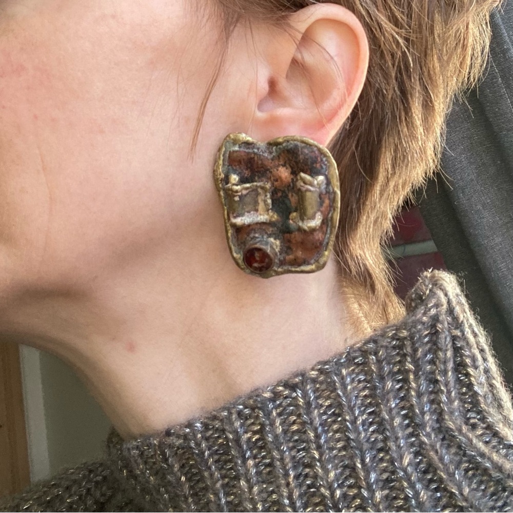 Artist Made Jasper or Agate Modern Brutalist Earrings